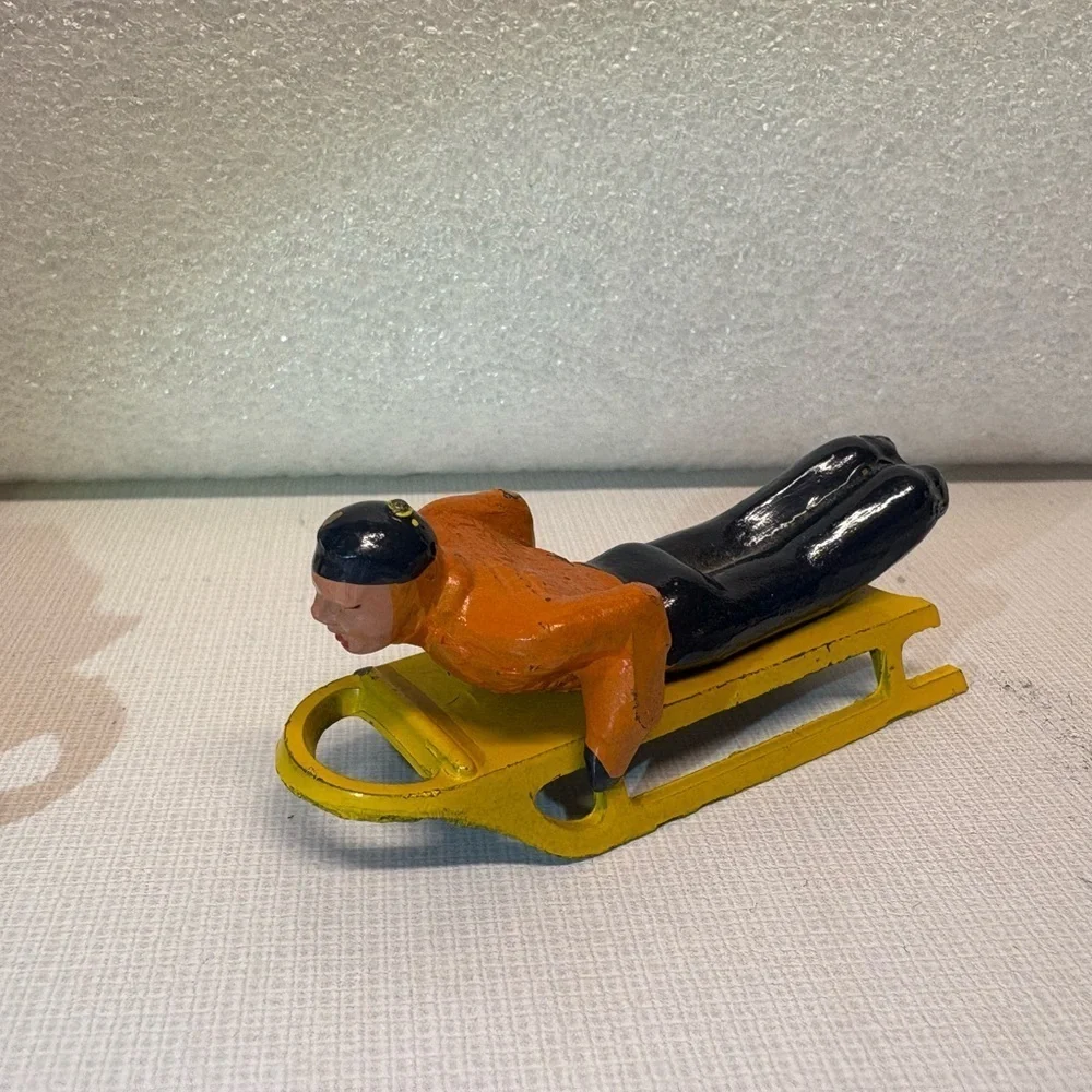2 Vintage Barclay Sledding Sledders Figurines Christmas Winter Village Decor
